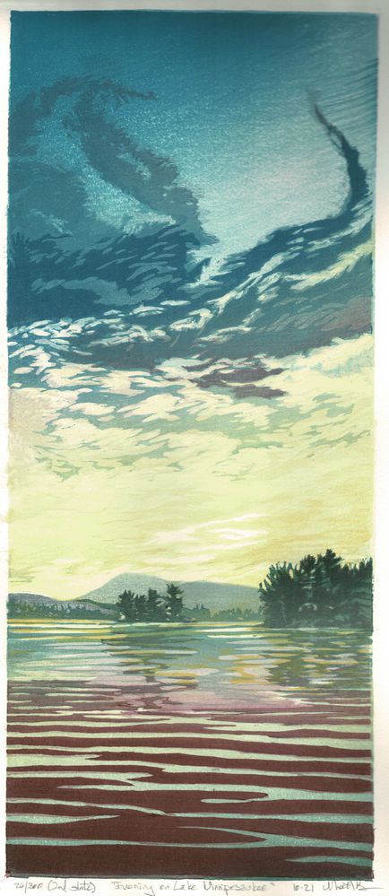 Matt Brown Woodblock Print Evening on Lake Winnipesaukee, 2nd state